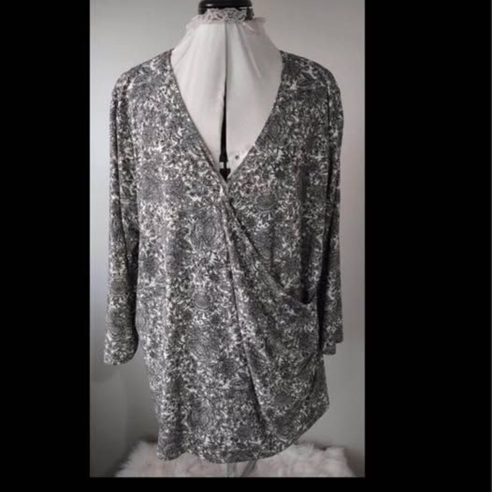 2X Tunic/ Blouse Rafaella Paisley Black & White Floral Print crisscross Blouse C